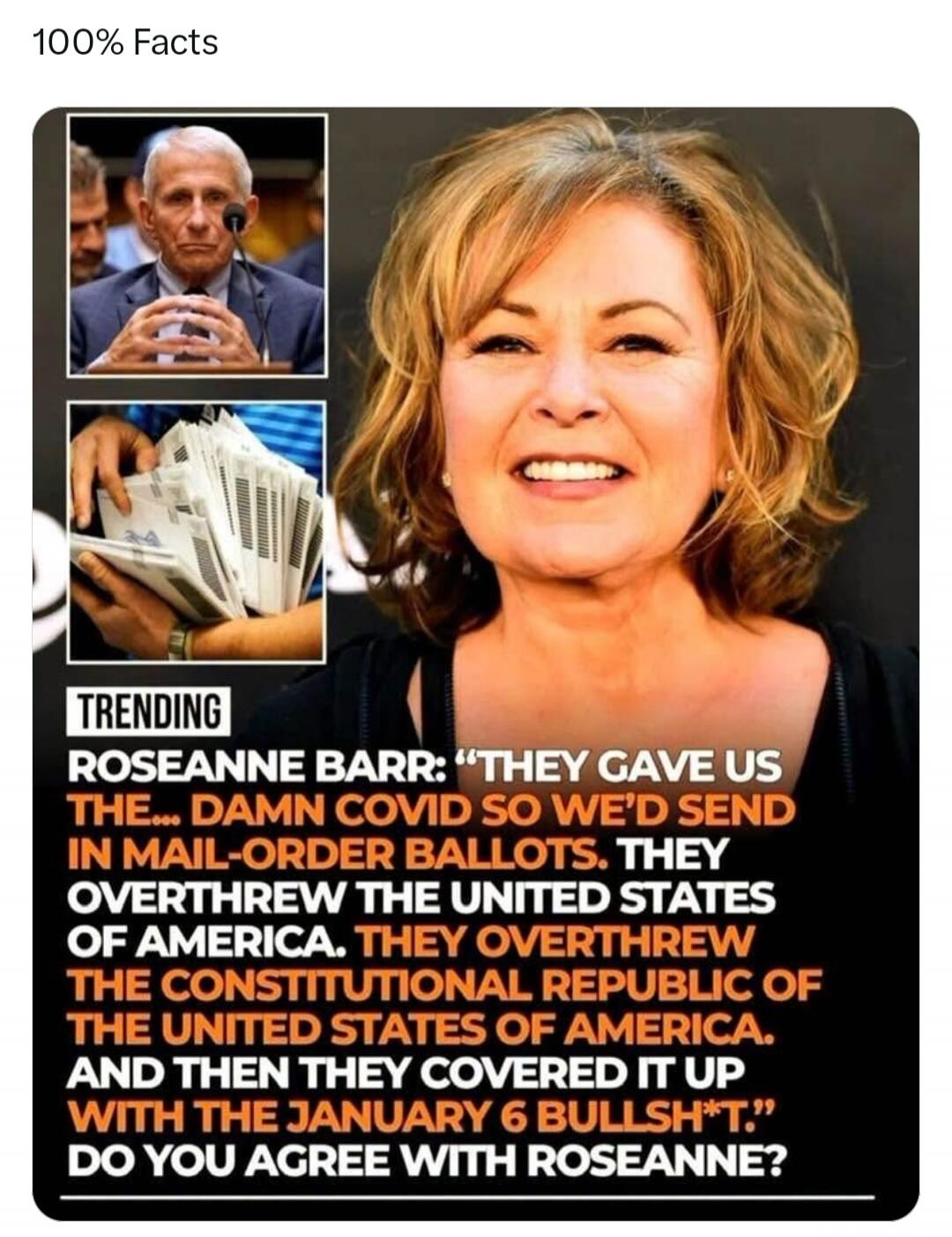 100% Facts TRENDING ROSEANNE BARR: 'THEY GAVE US THE... DAMN COVID SO WE'D SEND IN MAIL-ORDER BALLOTS. THEY OVERTHREW THE UNITED STATES OF AMERICA. THEY OVERTHREW THE CONSTITUTIONAL REPUBLIC OF THE UNITED STATES OF AMERICA. AND THEN THEY COVERED IT UP WITH THE JANUARY 6 BULLSH*T.' DO YOU AGREE WITH ROSEANNE?