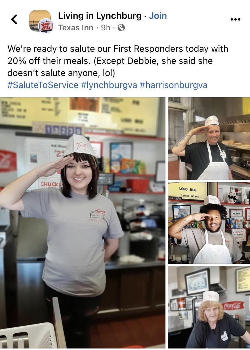 Living in Lynchburg Join Texas Inn 9h Were ready to salute our First Responders today with 20 off their meals Except Debbie she said she doesnt salute anyone lol SaluteToService lynchburgva harrisonburgva