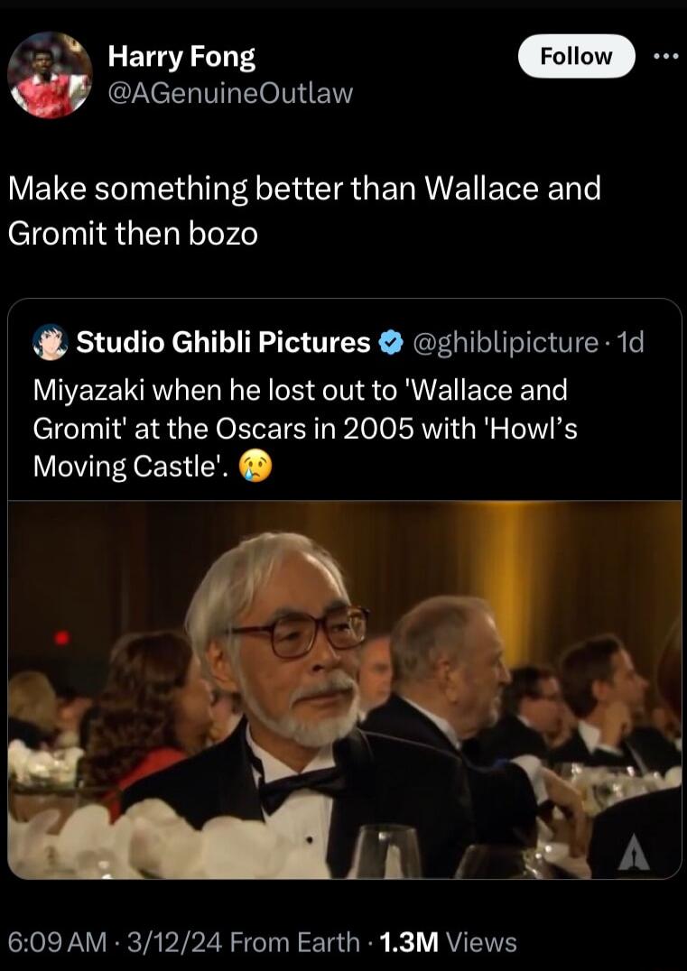 R ElOIIENY LETGETTS Make something better than Wallace and Gromit then bozo Studio Ghibli Pictures ghiblipicture 1d Miyazaki when he lost out to Wallace and Gromit at the Oscars in 2005 with Howls Moving Castle 609 AM 31224 From Earth 13M Views