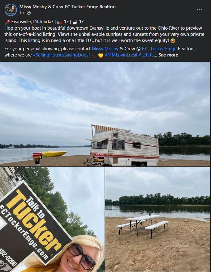 Missy Mosby CrewFC Tucker Emge Reltors Evansite N kinda 5 17 w 1 Fiop on your bost n besutul downtown Evansvile and venture ot o the Ofio Five to preview this one of a Kind Isting Views the unbelevabk sunrises and sunsets fom your very own prvate isand Thi lsing s i need a o a it TLCbut s welworth the sweat cauty For yourpersonalshowing please contact acowa Reattors where we are See more