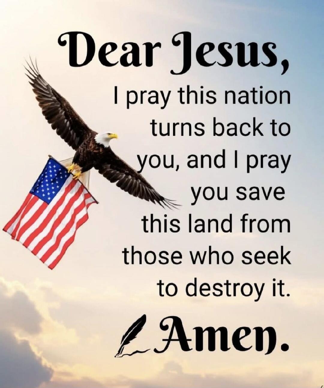 Dear Jesus, I pray this nation turns back to you, and I pray you save this land from those who seek to destroy it. Amen.