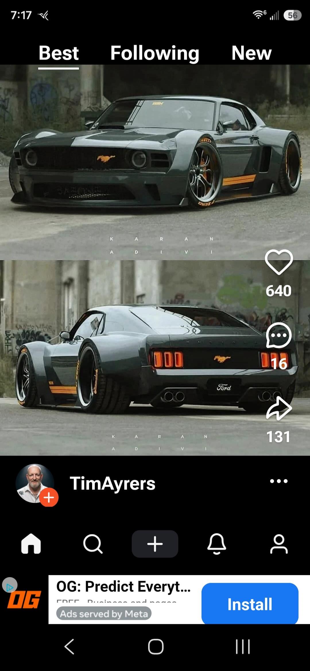 Best Following New. A custom dark grey Ford Mustang with orange stripes and wide body kit, featuring 'ZERO' branding on the tires. The car has a unique design with a running horse logo on the front and back. Text on screen includes 'K A R A N A D I V I', 'Ford', 'TimAyrers', 'OG: Predict Everyt...', 'Ads served by Meta', 'Install', '640', '16', '13