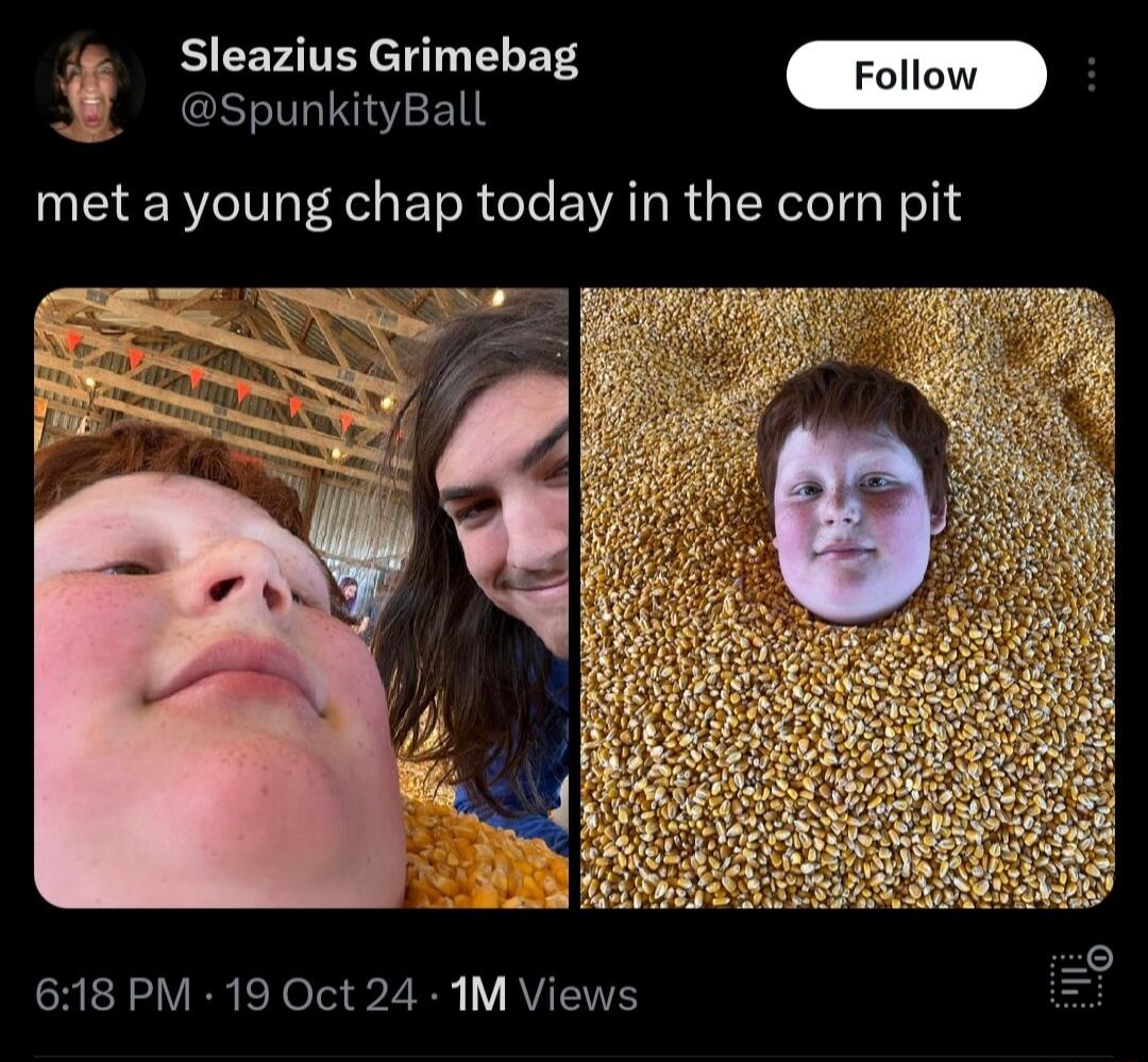 Sleazius Grimebag llow SpunkityBall o met a young chap today in the corn pit 618 PM 19 Oct 24 1M Views