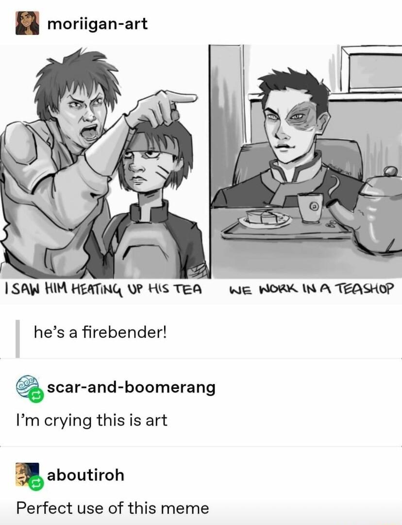 moriigan art SAW HIM HEATING OP HIS TEA i WORK IN A TEASHOP hes a firebender scarand boomerang Im crying this is art aboutiroh Perfect use of this meme