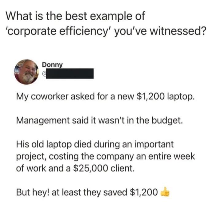 What is the best example of 'corporate efficiency' you've witnessed? Donny My coworker asked for a new $1,200 laptop. Management said it wasn't in the budget. His old laptop died during an important project, costing the company an entire week of work and a $25,000 client. But hey! at least they saved $1,200 👍