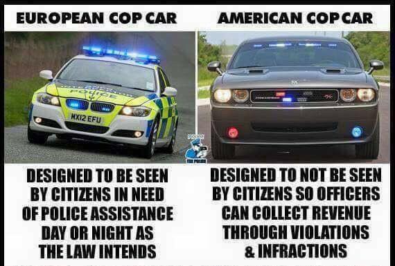 EUROPEAN COP CAR AMERICAN COPCAR DESIGNED TO BE SEEN BY CITIZENS IN NEED BY CITIZENS SO OFFICERS OF POLICE ASSISTANCE CAN COLLEGT REVENUE DAY OR NIGHT AS THROUGH VIOLATIONS THELAW INTENDS INFRACTIONS