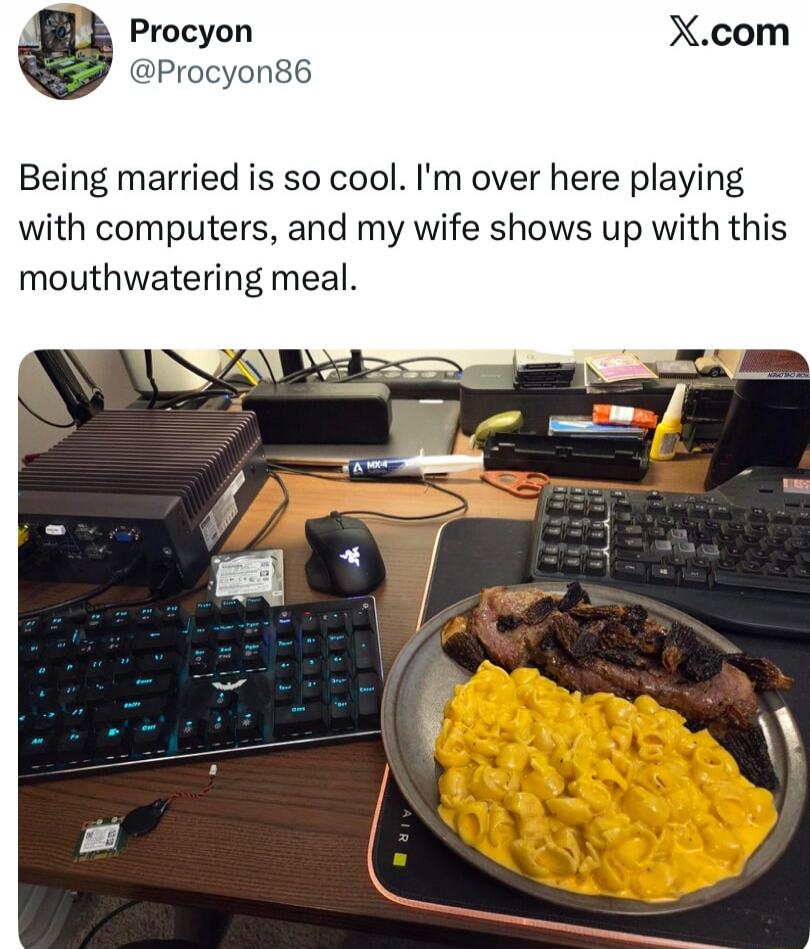 Being married is so cool. I'm over here playing with computers, and my wife shows up with this mouthwatering meal.