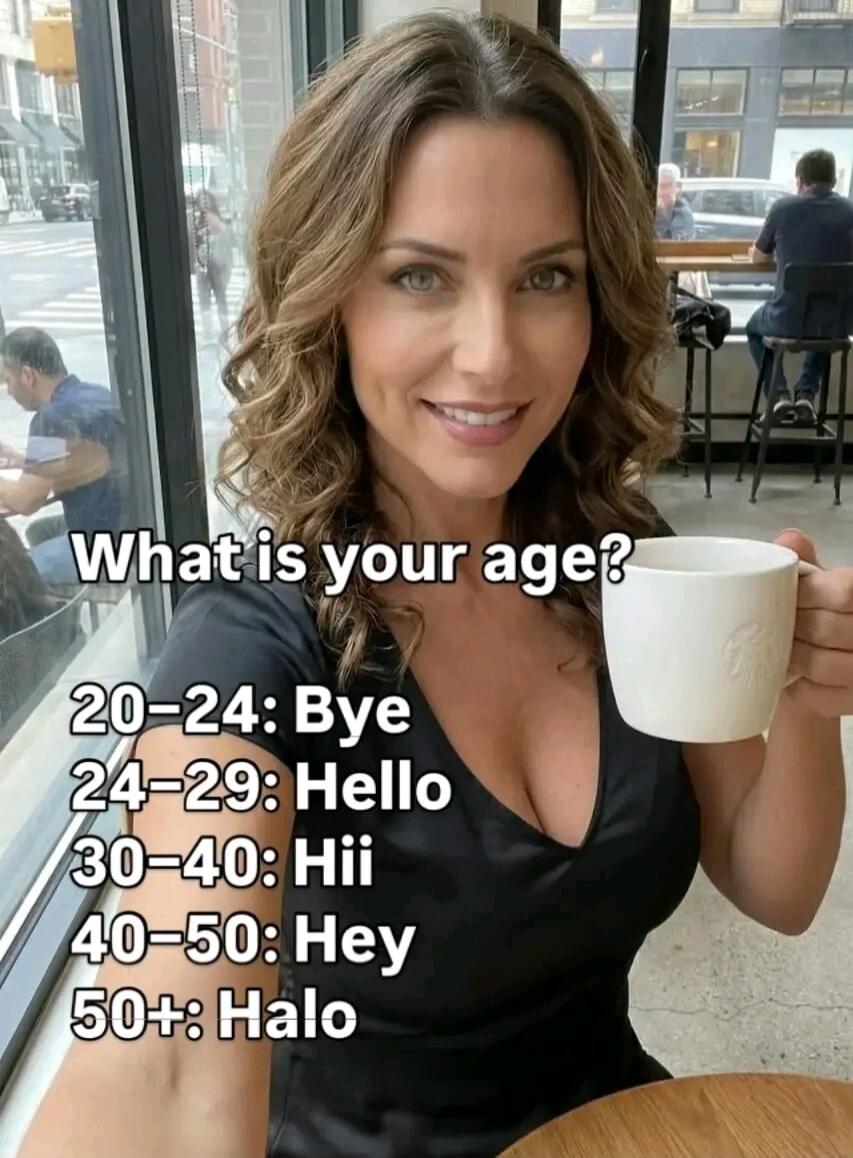 What is your age? 20-24: Bye 24-29: Hello 30-40: Hii 40-50: Hey 50+: Halo