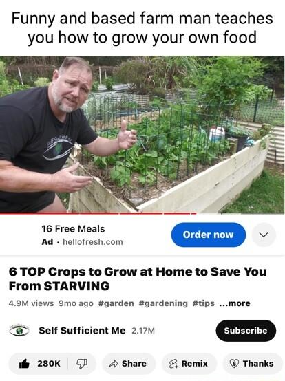 Funny and based farm man teaches you how to grow your own food 16 Free Meals Ad hellofreshcom 6 TOP Crops to Grow at Home to Save You From STARVING 49M views 9mo ago garden gardening tips more Z Self Sufficient Me 2171 b 280k Share Remix Thanks