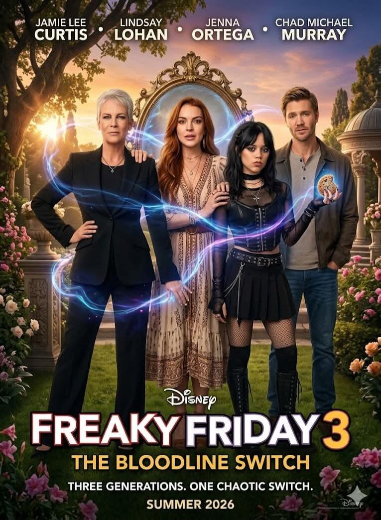 JAMIE LEE CURTIS LINDSAY LOHAN JENNA ORTEGA CHAD MICHAEL MURRAY Disney FREAKY FRIDAY 3 THE BLOODLINE SWITCH THREE GENERATIONS. ONE CHAOTIC SWITCH. SUMMER 2026
