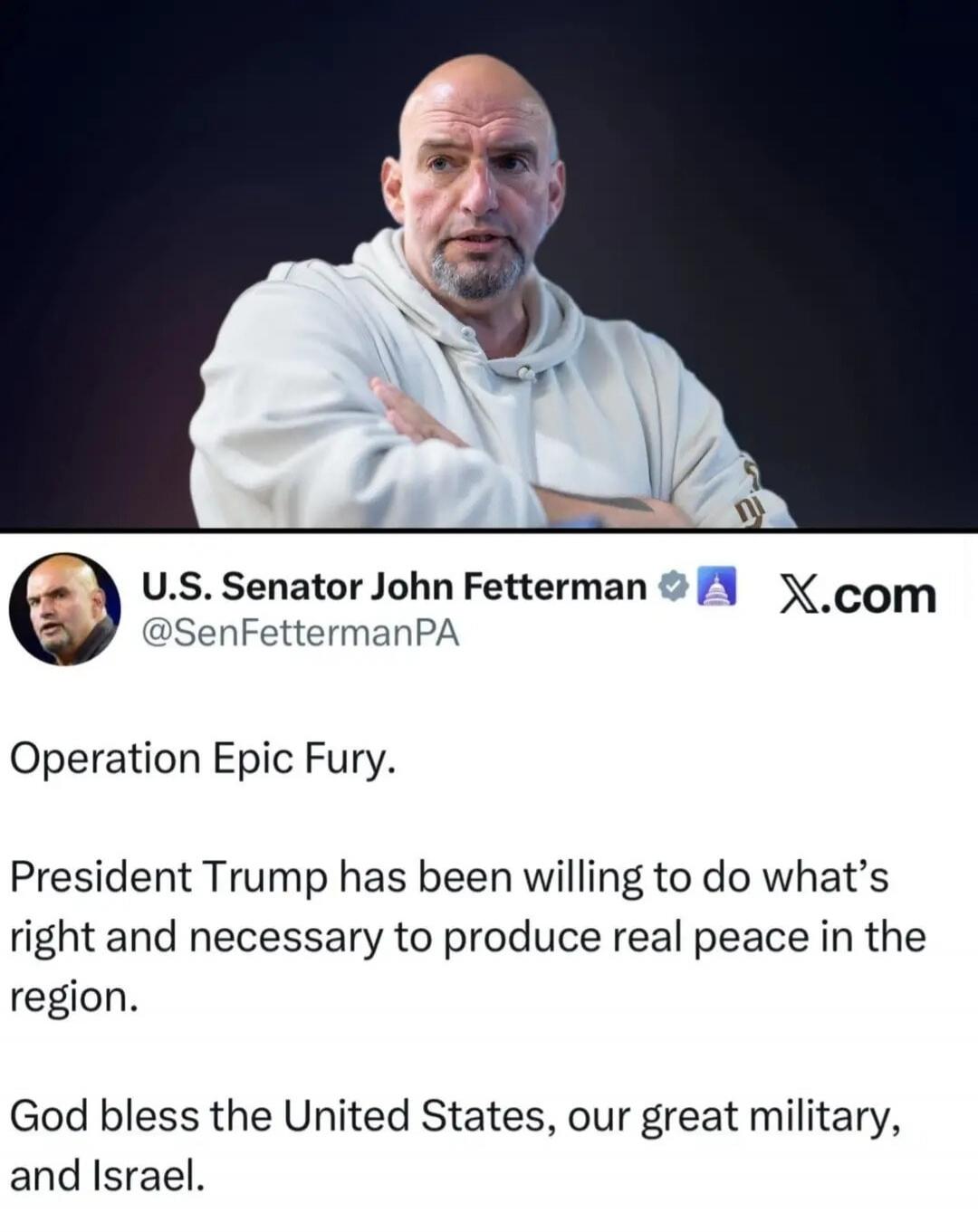 Operation Epic Fury. President Trump has been willing to do what's right and necessary to produce real peace in the region. God bless the United States, our great military, and Israel.