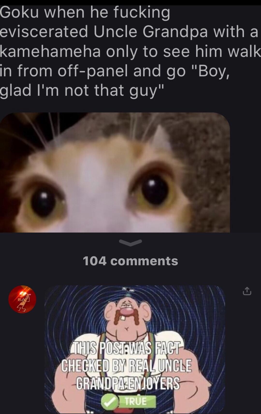 Goku when he fucking W1 Te MU Tl N e ETalo e LR o I kamehameha only to see him walk laRigelnNeliEtoETal I ITole Mool 10 sEle RNl R G EINCVA 104 comments