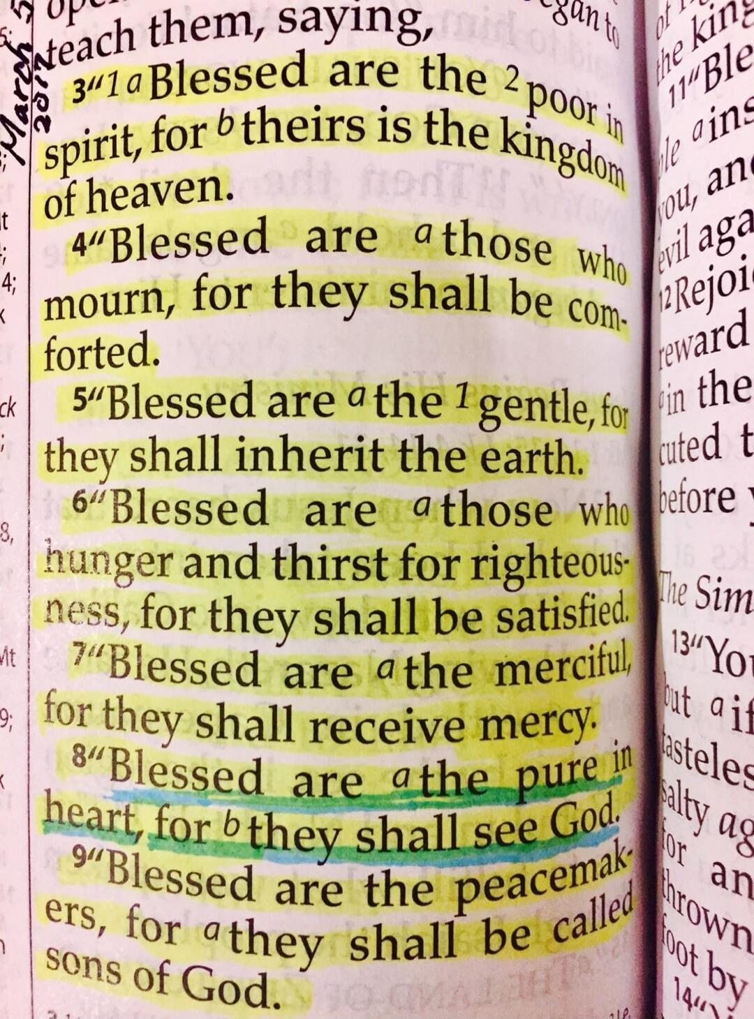 teach them, saying, Blessed are the poor in spirit, for theirs is the kingdom of heaven. Blessed are those who mourn, for they shall be comforted. Blessed are the gentle, for they shall inherit the earth. Blessed are those who hunger and thirst for righteousness, for they shall be satisfied. Blessed are the merciful, for they shall receive mercy. B