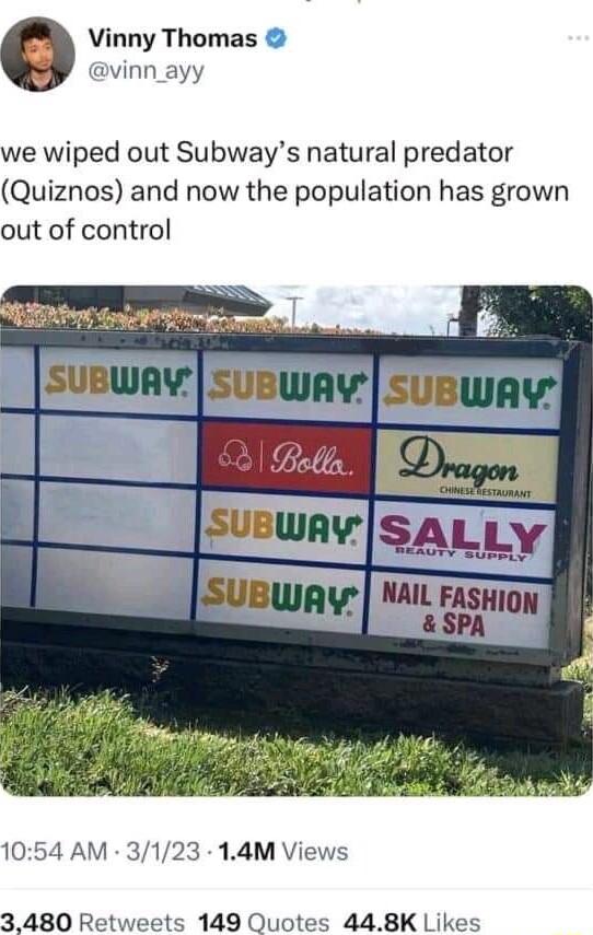 Vinny Thomas vinn_ayy we wiped out Subways natural predator Quiznos and now the population has grown out of control 1054 AM 3123 14M Views 3480 Retweets 149 Quotes 448K Likes