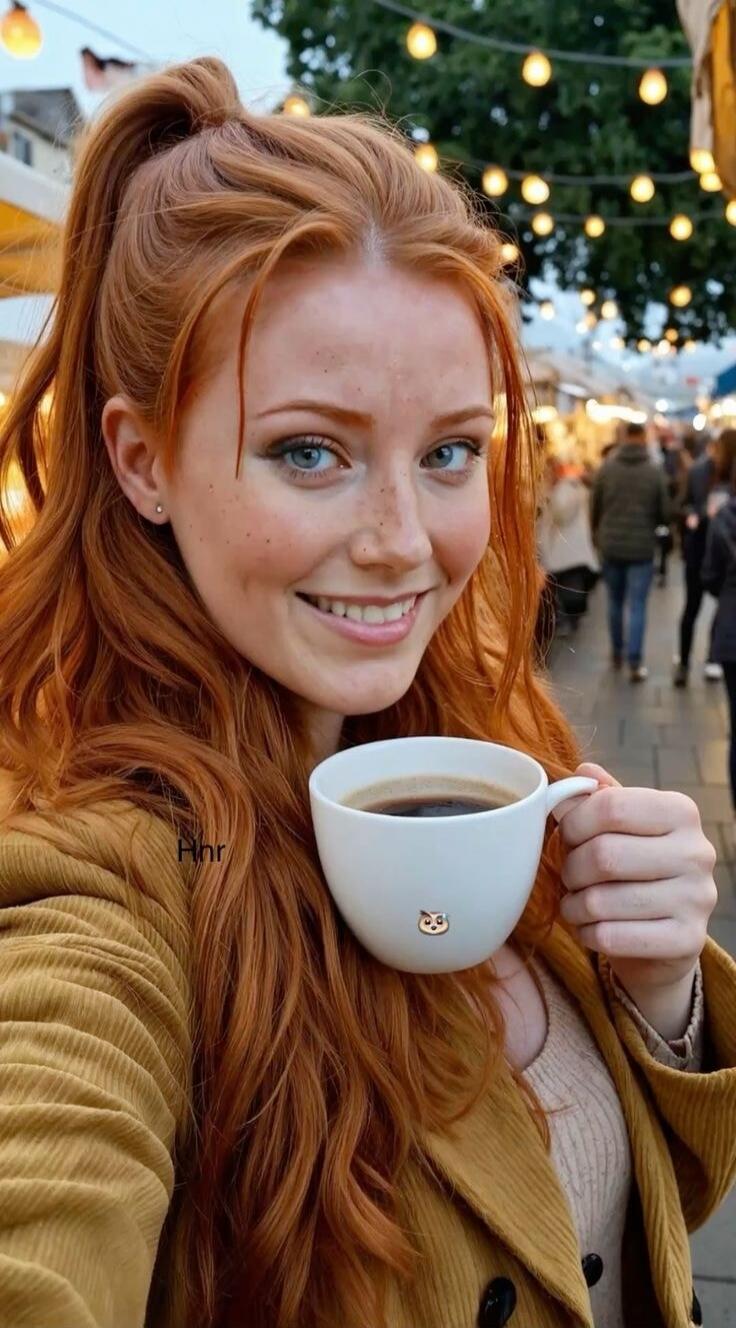 Woman with red hair holding a cup of coffee at a street market.