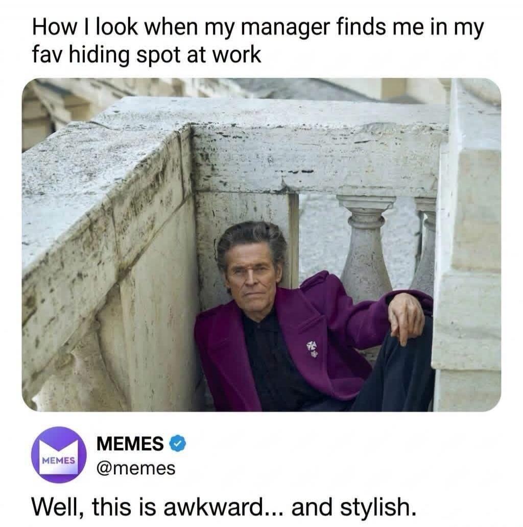 How I look when my manager finds me in my fav hiding spot at work. MEMES @memes Well, this is awkward... and stylish.