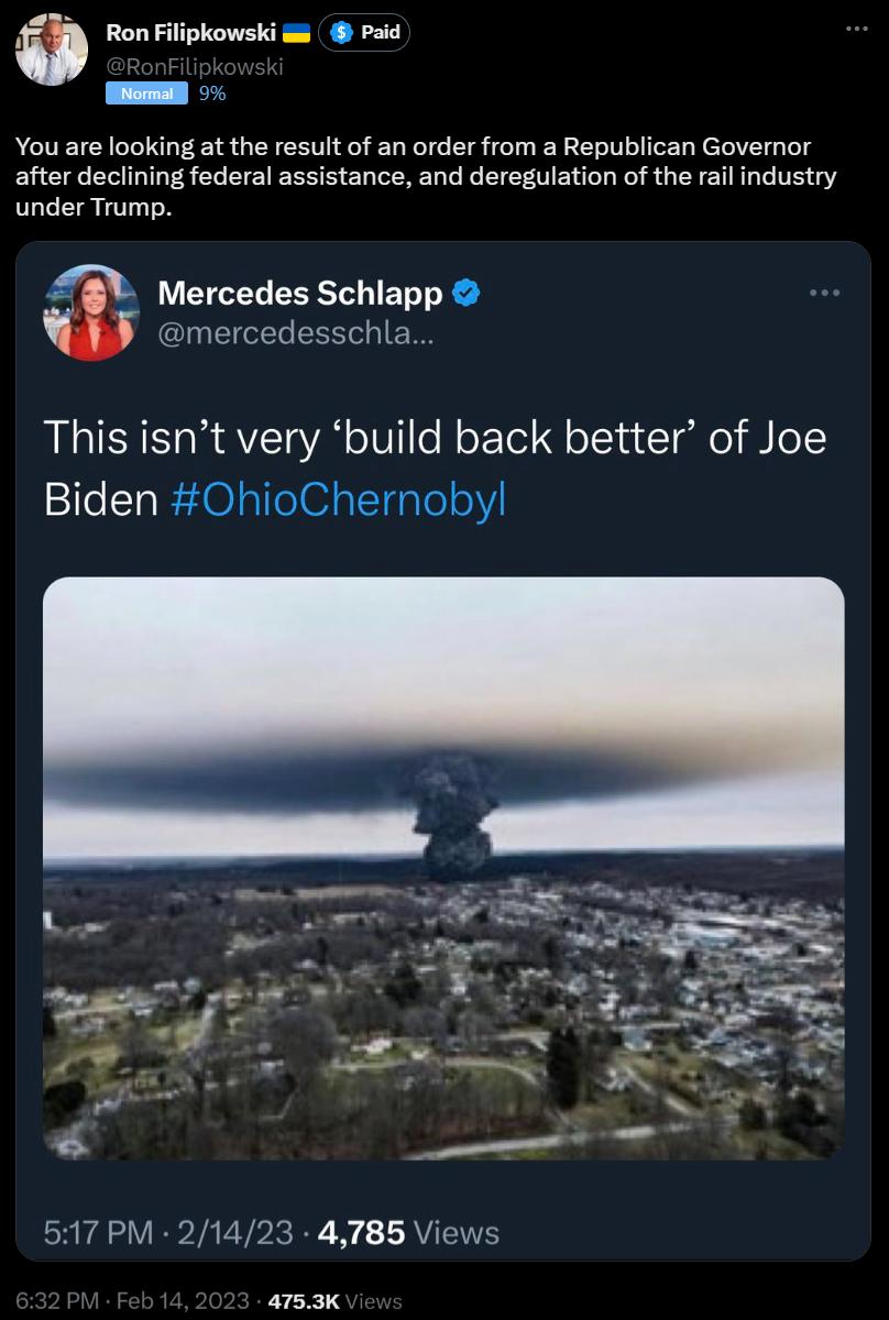 Ron Filipkowski Paid You are looking at the result of an order from a Republican Governor after declining federal assistance and deregulation of the rail industry under Trump Mercedes Schiapp CIUEICER LR This isnt very build back better of Joe Biden OhioChernobyl 517 PM 21423 4785 Views ars3K