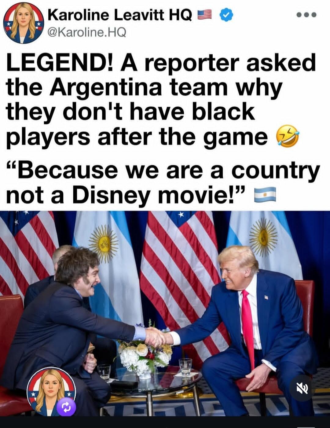 LEGEND! A reporter asked the Argentina team why they don't have black players after the game 😂 Because we are a country not a Disney movie! 🇦🇷
