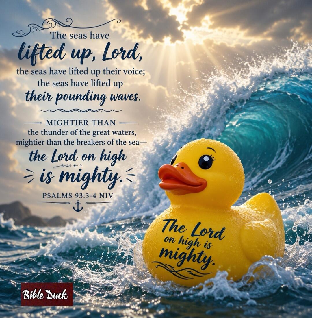 The seas have lifted up, Lord, the seas have lifted up their voice; the seas have lifted up their pounding waves. MIGHTIER THAN the thunder of the great waters, mightier than the breakers of the sea— the Lord on high is mighty. PSALMS 93:3-4 NIV. The Lord on high is mighty. Bible Duck.