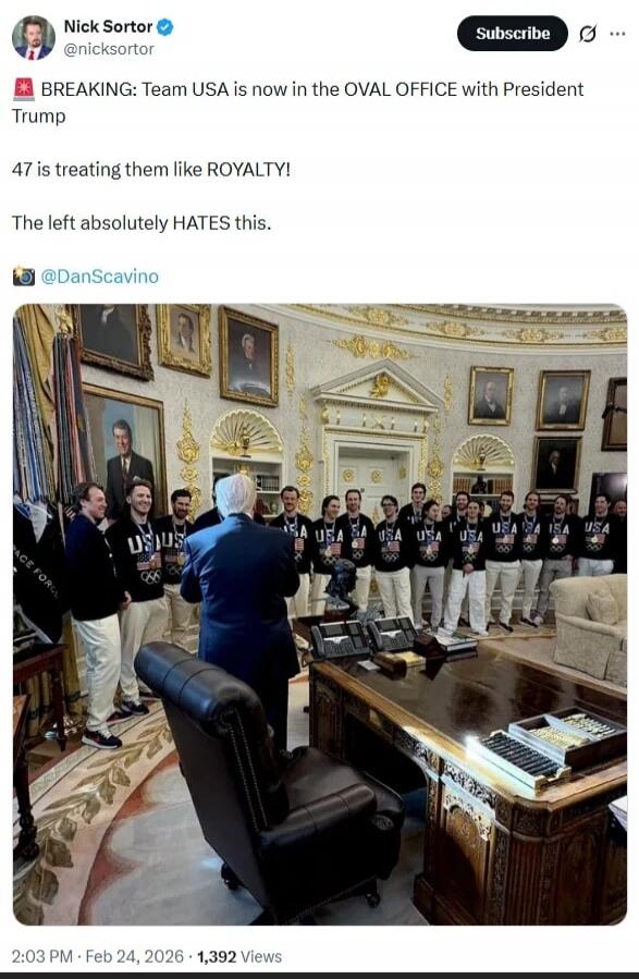 BREAKING: Team USA is now in the OVAL OFFICE with President Trump
47 is treating them like ROYALTY!
The left absolutely HATES this.

@DanScavino