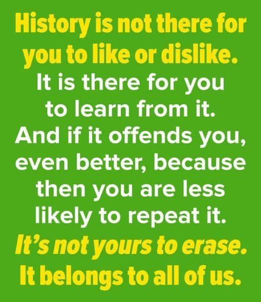 History is not there for you to like or dislike It is there for you to learn from it iNale Wi Wi Moliflals ERVIIN even better because then you are less likely to repeat it Its not yours to erase It belongs to all of us