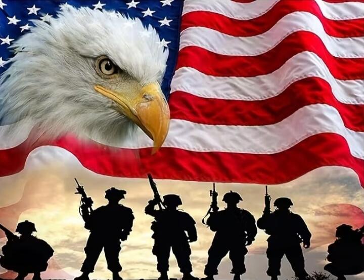 American flag, bald eagle, and silhouettes of soldiers with rifles against a sunset.