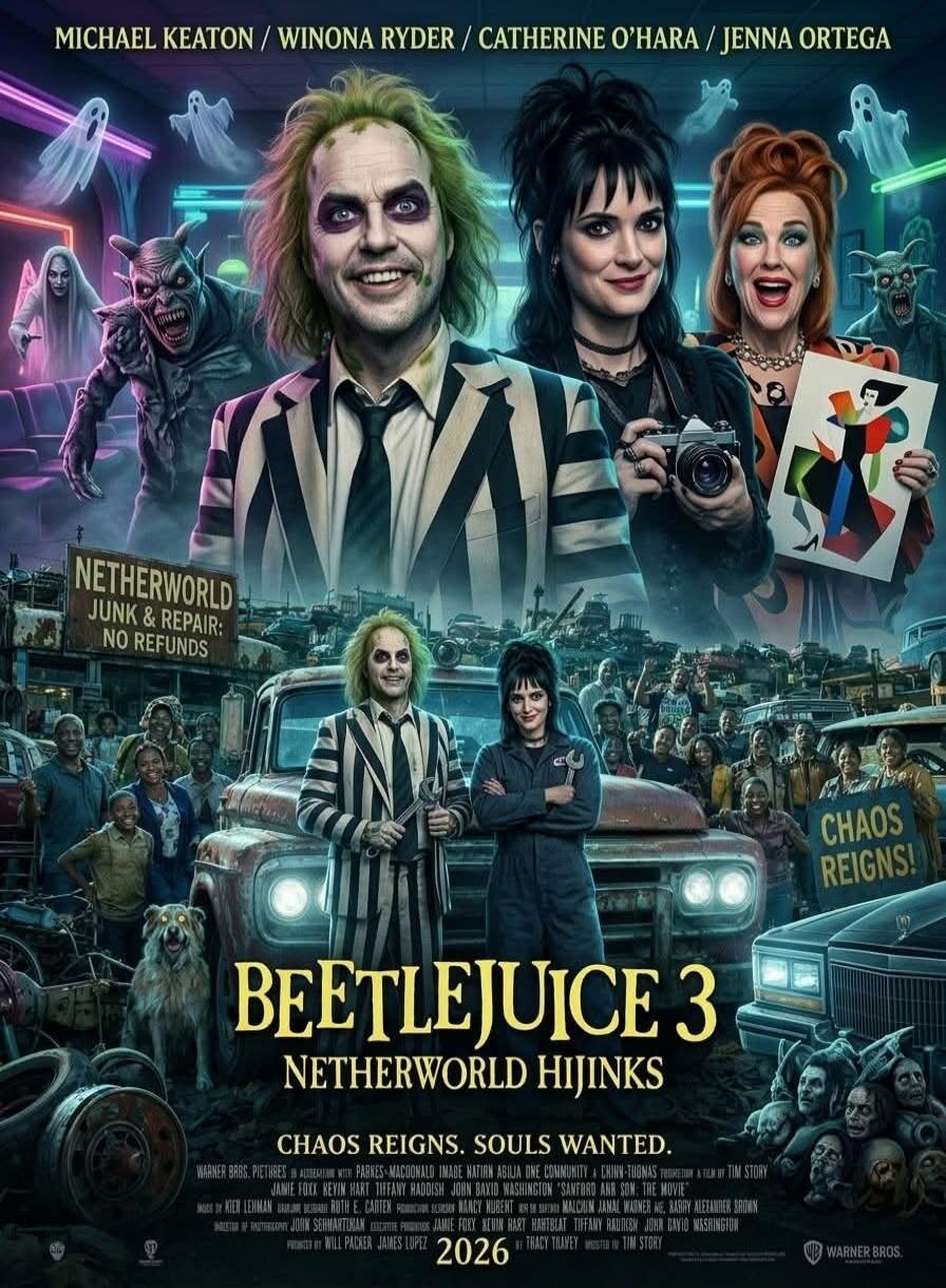 MICHAEL KEATON / WINONA RYDER / CATHERINE O'HARA / JENNA ORTEGA
NETHERWORLD JUNK & REPAIR: NO REFUNDS
BEETLEJUICE 3
NETHERWORLD HIJINKS
CHAOS REIGNS!
CHAOS REIGNS. SOULS WANTED.
2026