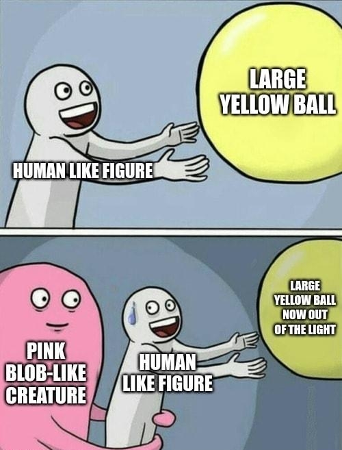 ITTT3 EOTE T YELLOW BALL NOW 0UT OF THE LIGHT Q0 PINK HUMAN __ BLOBLIKEWS FicufE CREATURE