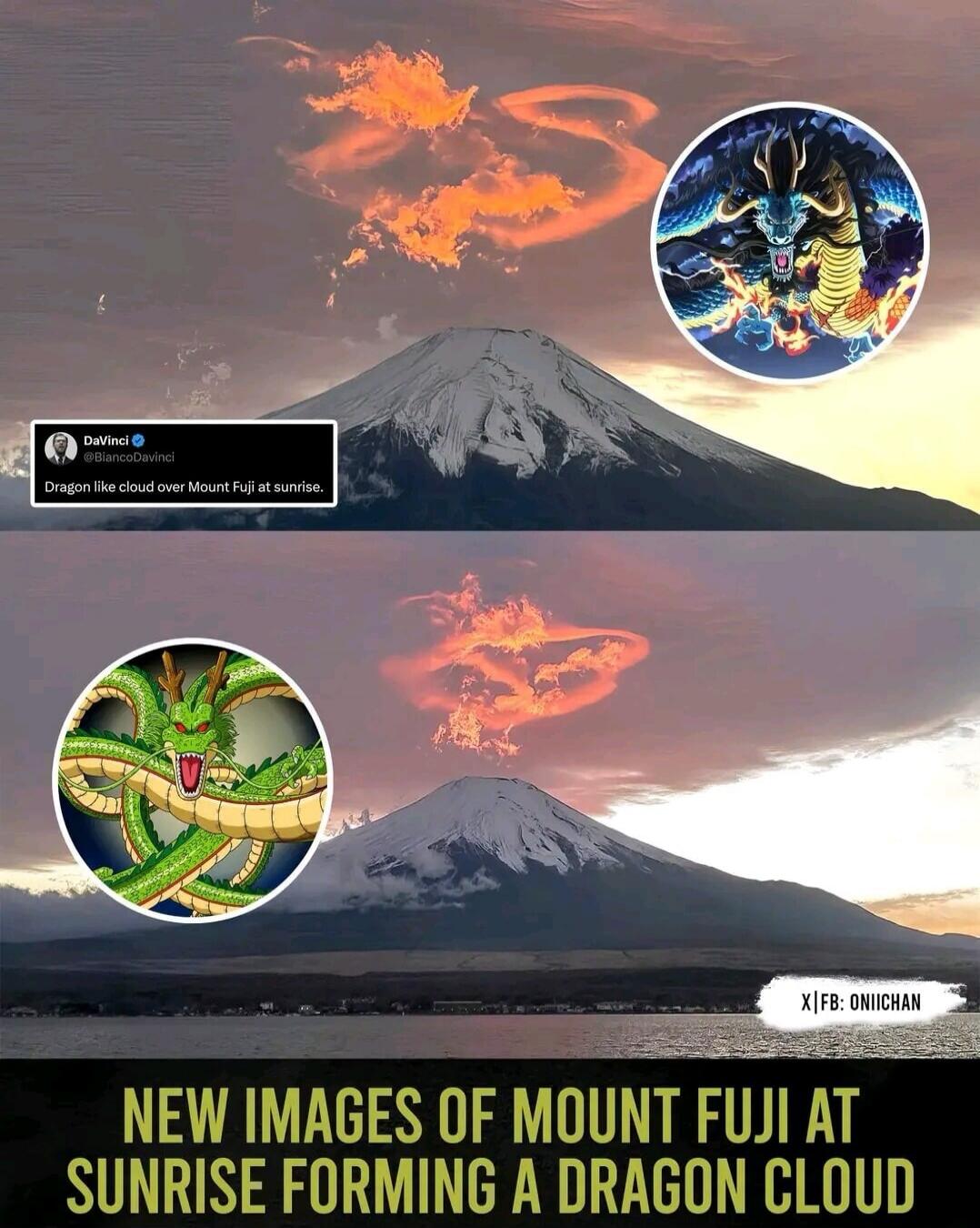 DaVinci @BiancoDavinci Dragon like cloud over Mount Fuji at sunrise. NEW IMAGES OF MOUNT FUJI AT SUNRISE FORMING A DRAGON CLOUD X | FB: ONIICHAN