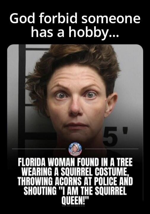 God forbid someone has a hobby... Florida woman found in a tree wearing a squirrel costume, throwing acorns at police and shouting 