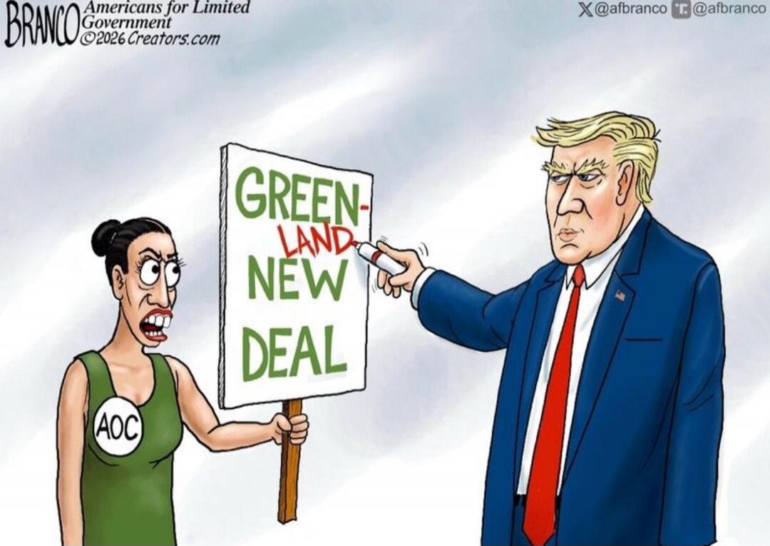 BRANCO Americans for Limited Government ©2026 Creators.com X @afbranco T. @afbranco. A cartoon shows Alexandria Ocasio-Cortez (AOC) holding a sign that reads 'GREEN-LAND NEW DEAL'. Donald Trump is depicted crossing out 'LAND' and writing 'NEW' over it, humorously changing the sign to 'GREEN NEW DEAL', referencing his reported interest in purchasing