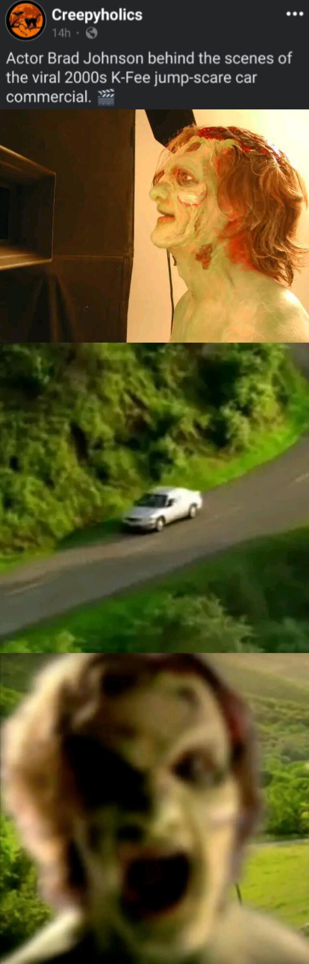 w Creepyholics e 1ah Actor Brad Johnson behind the scenes of the viral 2000s K Fee jump scare car commercial o