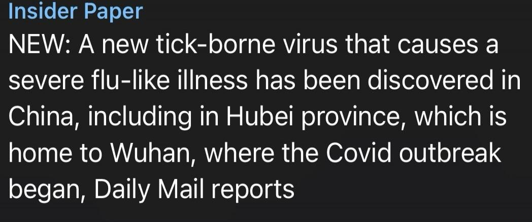 Insider Paper
NEW: A new tick-borne virus that causes a severe flu-like illness has been discovered in China, including in Hubei province, which is home to Wuhan, where the Covid outbreak began, Daily Mail reports