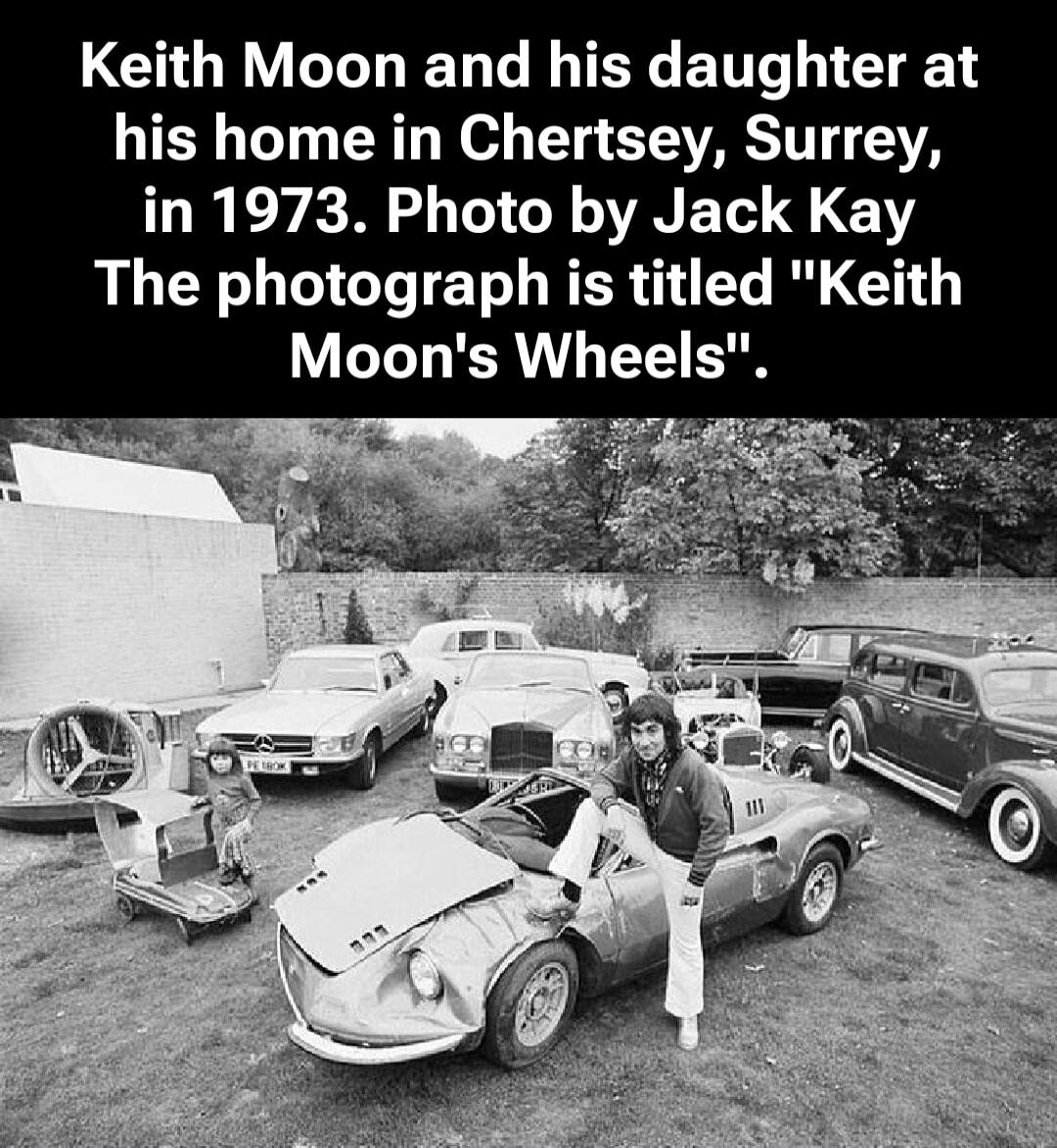 Keith Moon and his daughter at his home in Chertsey, Surrey, in 1973. Photo by Jack Kay The photograph is titled 