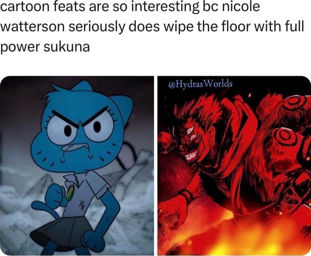 cartoon feats are so interesting bc nicole watterson seriously does wipe the floor with full power sukuna