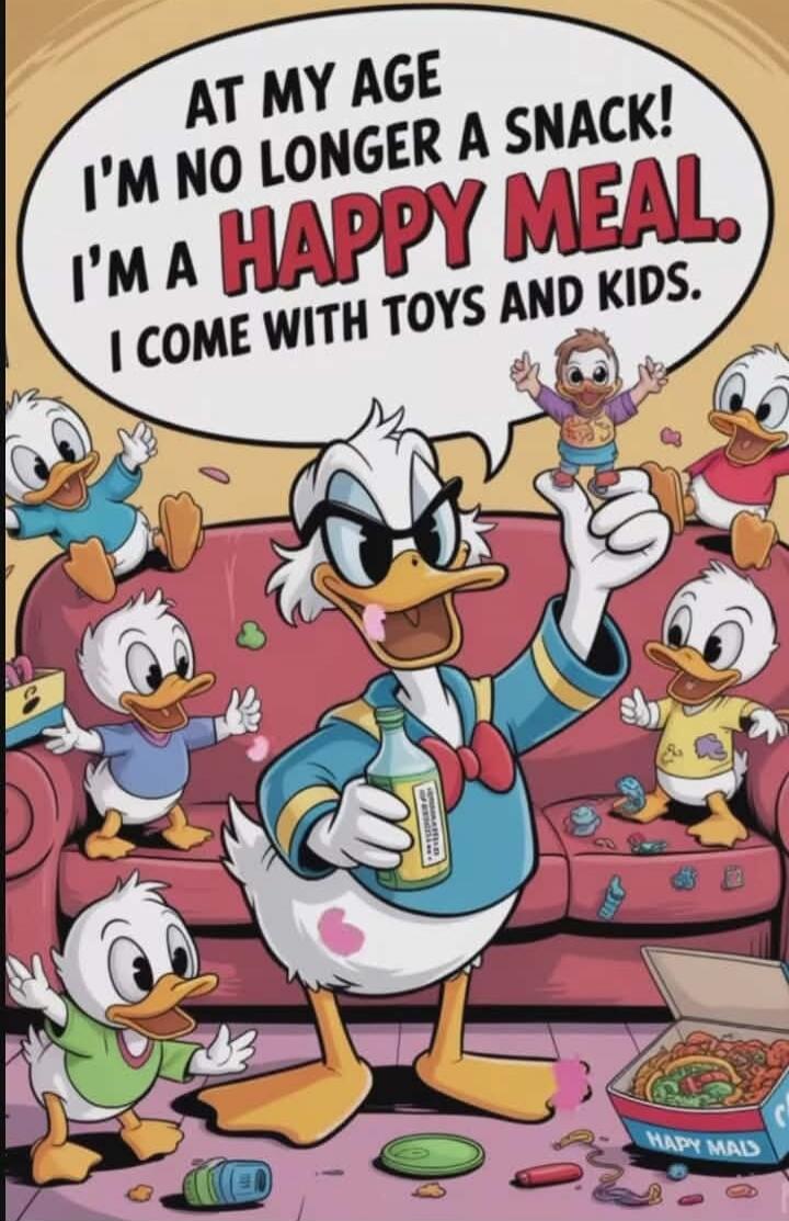AT MY AGE I'M NO LONGER A SNACK! I'M A HAPPY MEAL. I COME WITH TOYS AND KIDS.