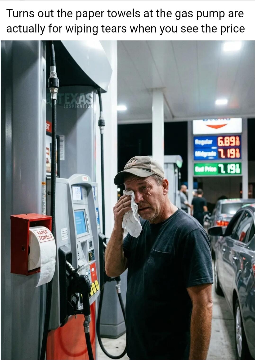 Turns out the paper towels at the gas pump are actually for wiping tears when you see the price. Regular 6.89, Midgrade 7.19, Best Price 7.19. TEXAS INSPIRATION. PAPER TOWELS.