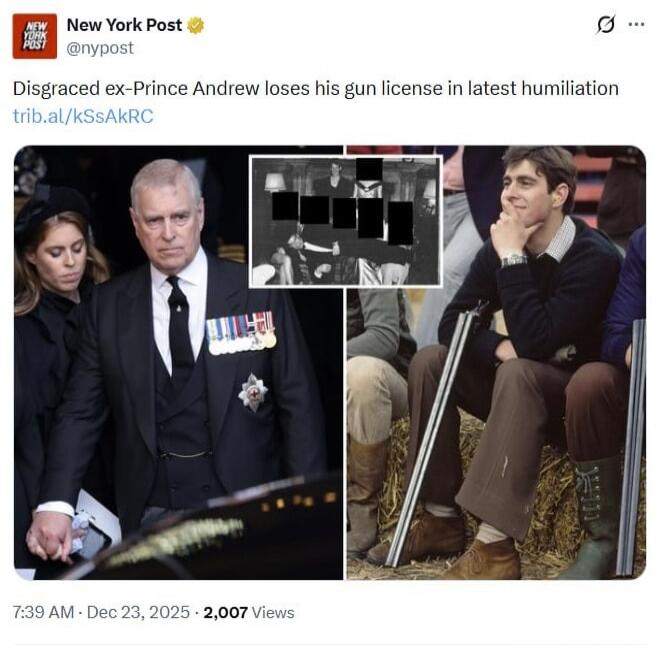 Disgraced ex-Prince Andrew loses his gun license in latest humiliation trib.al/kSsAkRC