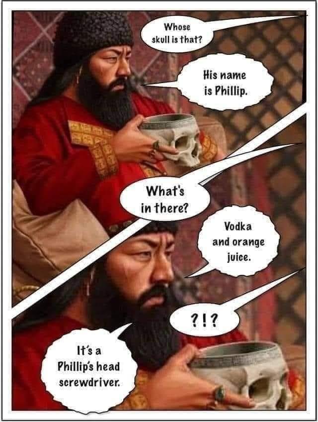 His name is Phillip Whats inthere Vodka and orange juice Itsa Phillips head serewdriver