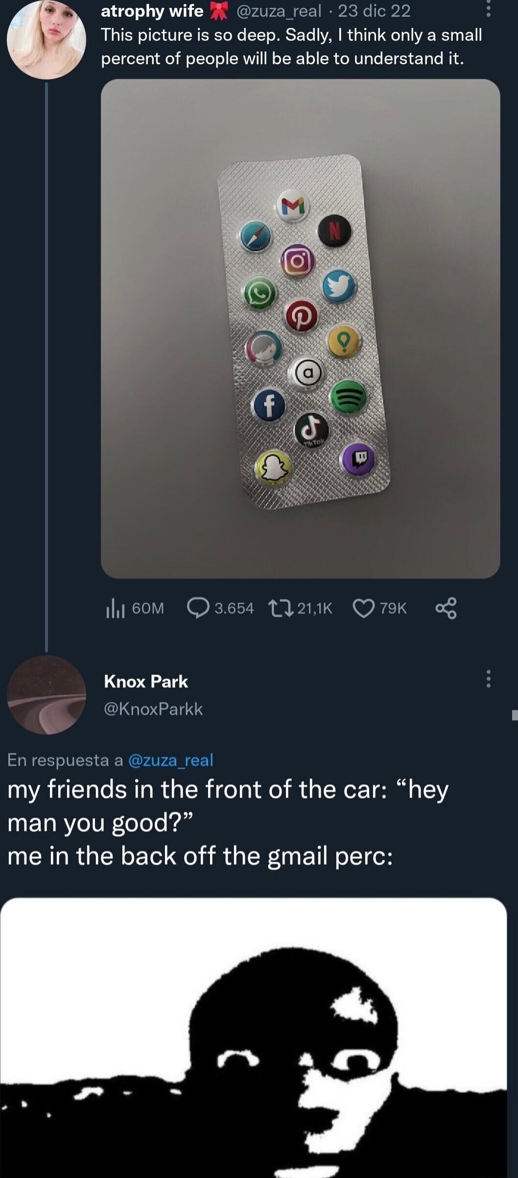 atrophy wife zuza real 23 dic 22 3 This picture is so deep Sadly think only a small percent of people will be able to understand it hisov Oazess 121K Q79K o Knox Park KnoxParkk En respuesta a zuza_real my friends in the front of the car hey UERYITRelele o me in the back off the gmail perc