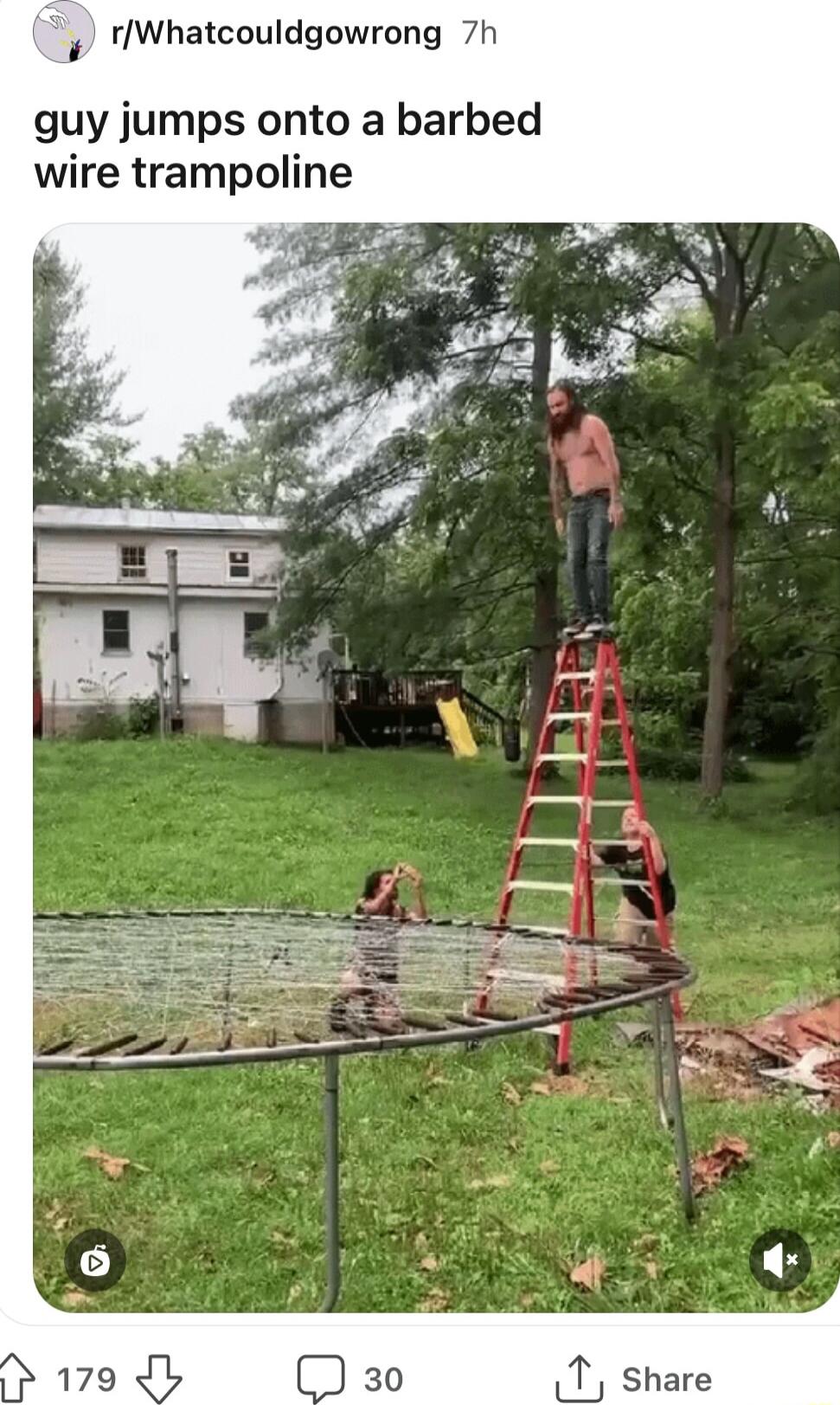 rWhatcouldgowrong 7h guy jumps onto a barbed wire trampoline