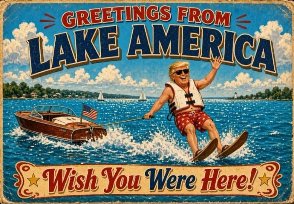 GREETINGS FROM LAKE AMERICA. WISH YOU WERE HERE!