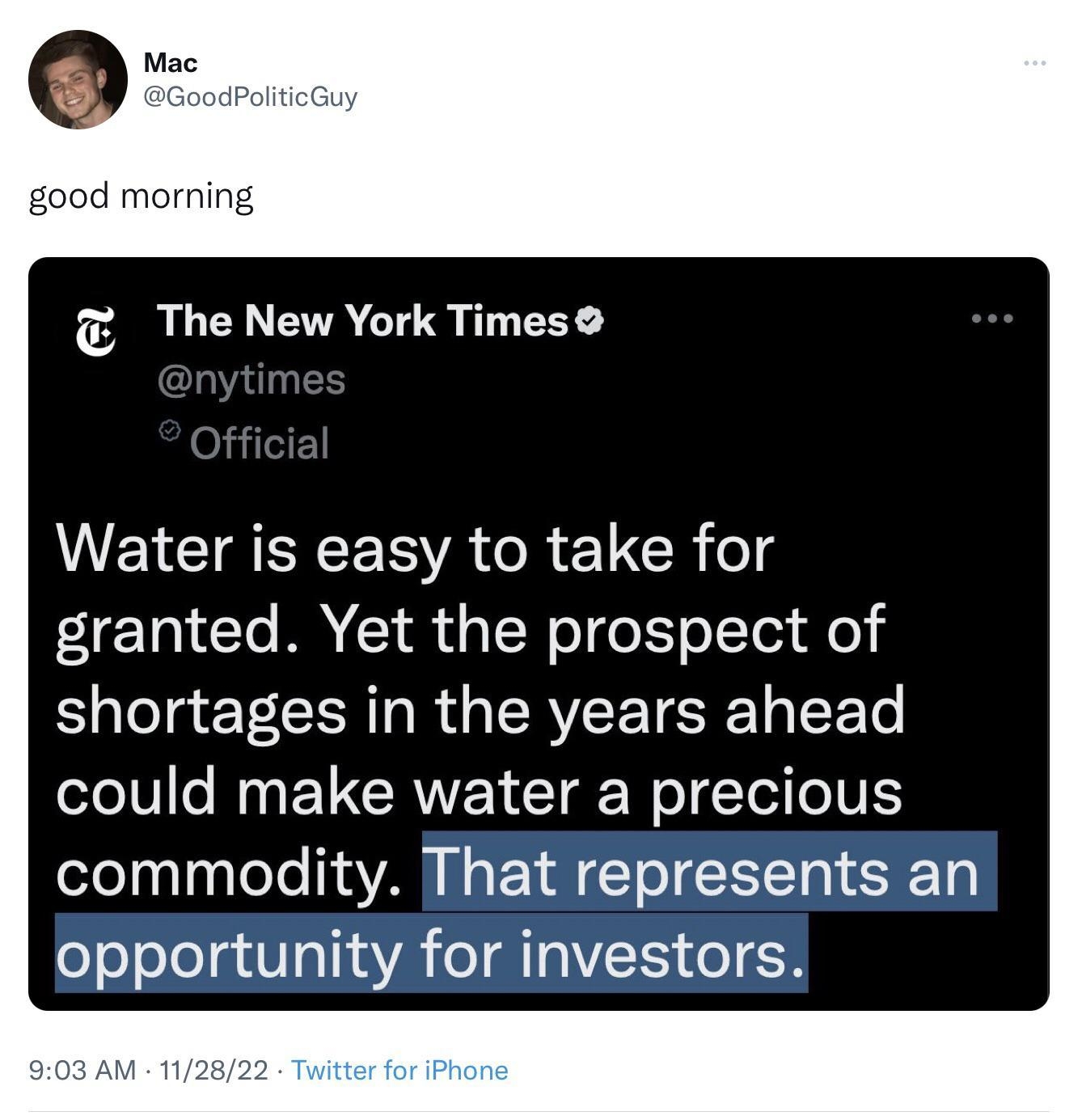 RLCHEVACT I iy EEL VL CIAERER YRR TR o granted Yet the prospect of shortages in the years ahead could make water a precious commodity That represents an opportunity for investors