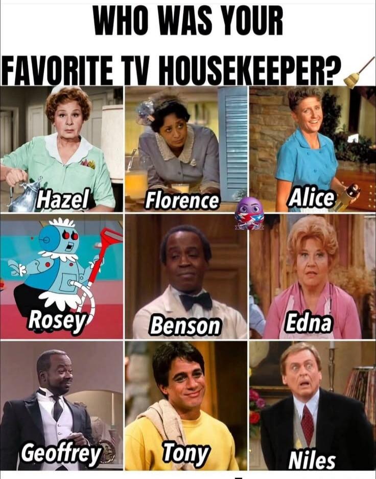 WHO WAS YOUR FAVORITE TV HOUSEKEEPER? Hazel, Florence, Alice, Rosey, Benson, Edna, Geoffrey, Tony, Niles.