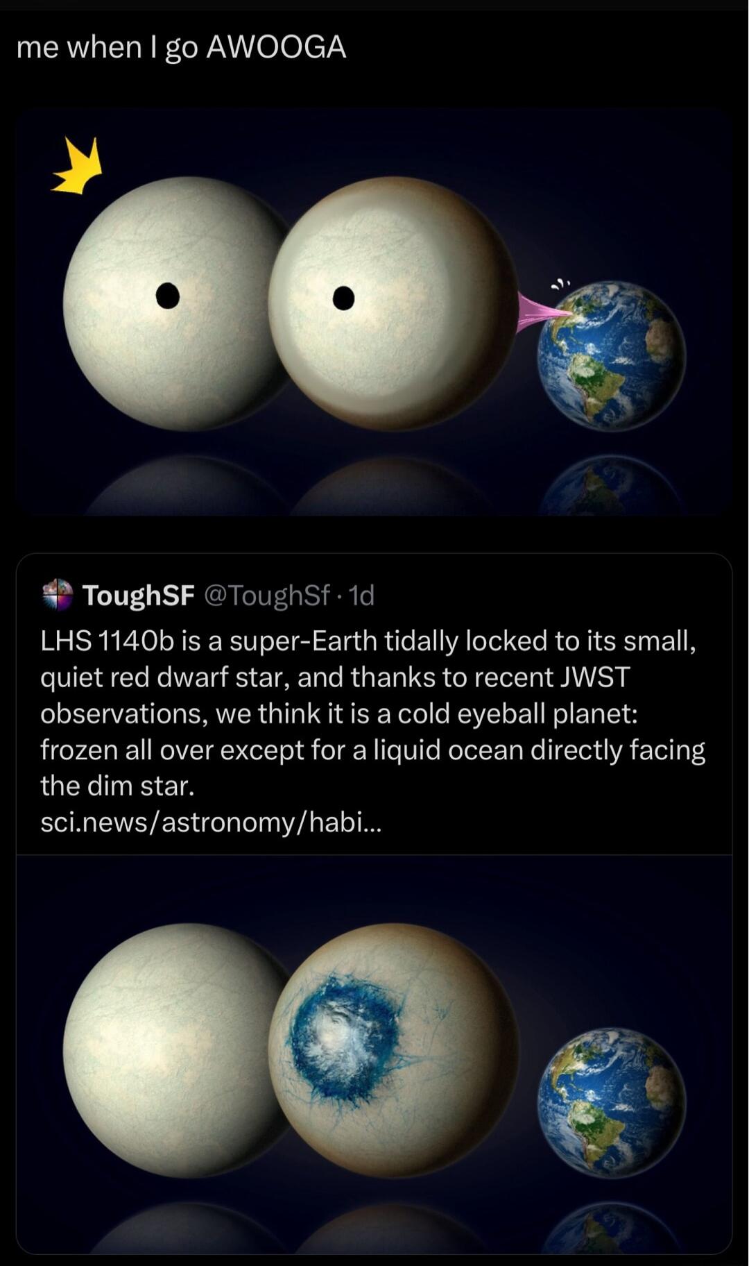 UERTLELRF CY W ololcTY 4 ToughSF Toughsf 1d LHS 1140b is a super Earth tidally locked to its small quiet red dwarf star and thanks to recent JWST observations we think it is a cold eyeball planet frozen all over except for aliquid ocean directly facing the dim star scinewsastronomyhabi