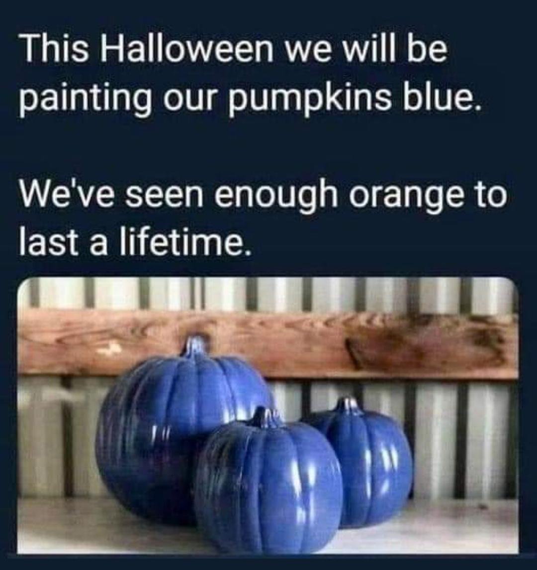 This Halloween we will be painting our pumpkins blue Weve seen enough orange to last a lifetime