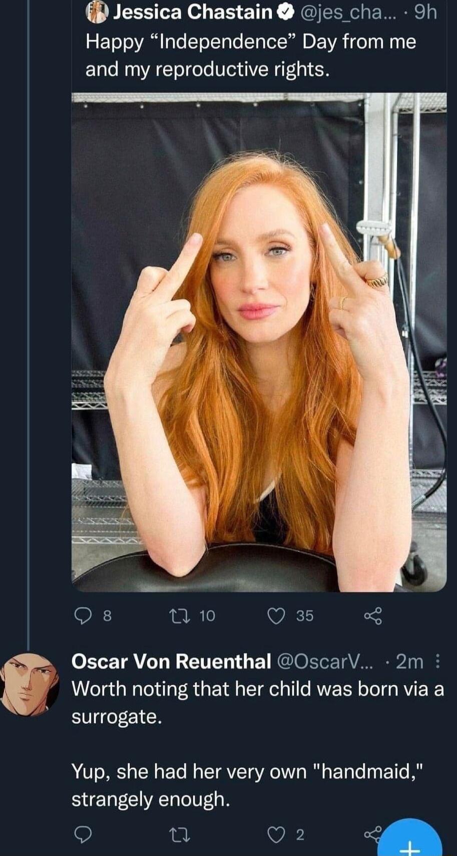 L7 UBEENTEN o EEETNY NEI N E RNl Happy Independence Day from me and my reproductive rights Qs 0 1 Q 35 5 Oscar Von Reuenthal OscarV 2m Worth noting that her child was born via a surrogate Yup she had her very own handmaid strangely enough i Q2 nf