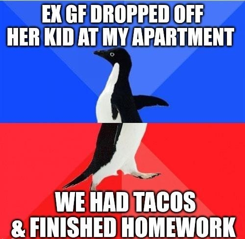 EX GF DROPPED OFF HER KID AT MY APARTMENT A WE HAD TRCOS FINISHED HOMEWORK