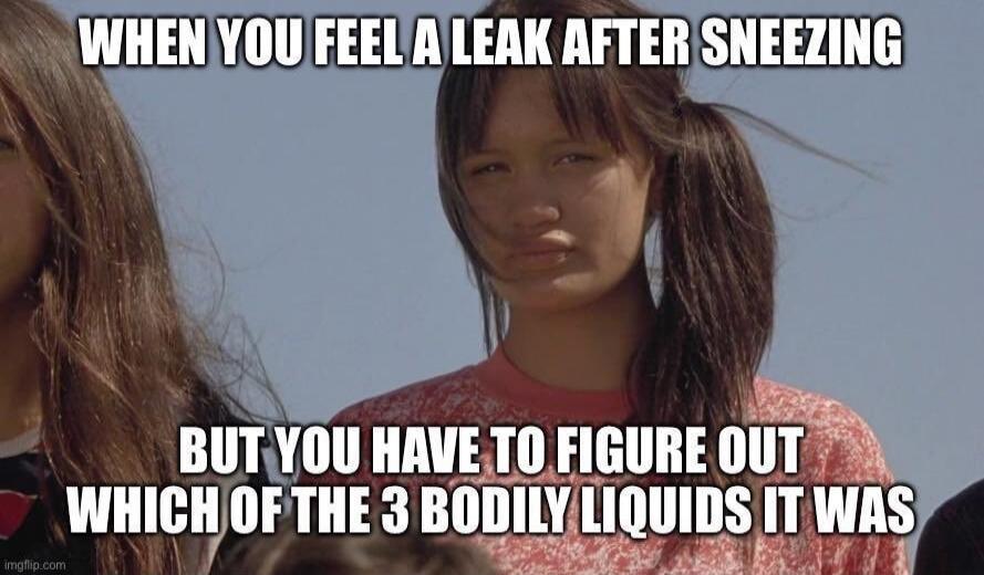 WHEN YOU FEEL A LEAK AFTER SNEEZING BUT YOU HAVE TO FIGURE OUT WHICH OF THE 3 BODILY LIQUIDS IT WAS