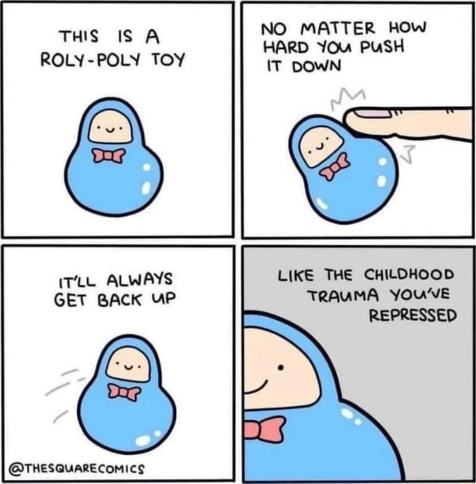 THIS IS A ROLY POLY TOY NO MATTER HOwW HARD YOu PusH IT DOWN TLL ALWAYS GET BACK UP THESQUARECOMICS LIKE THE CHILDHOOD TRAUMA YOUVE REPRESSED